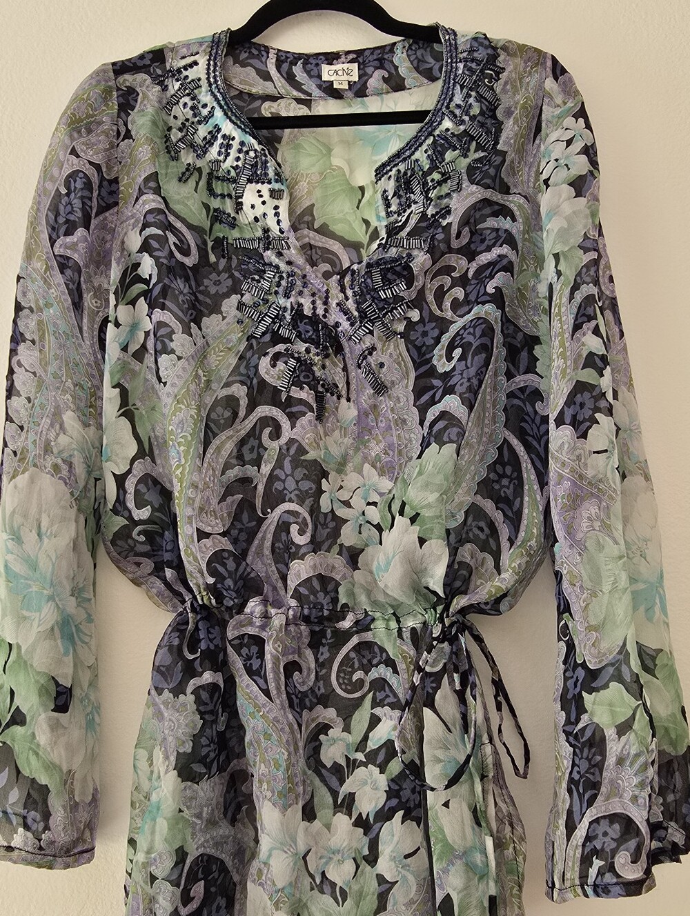 Cache Silk Beaded Floral Paisley Peasant Top in Mint & Lavender